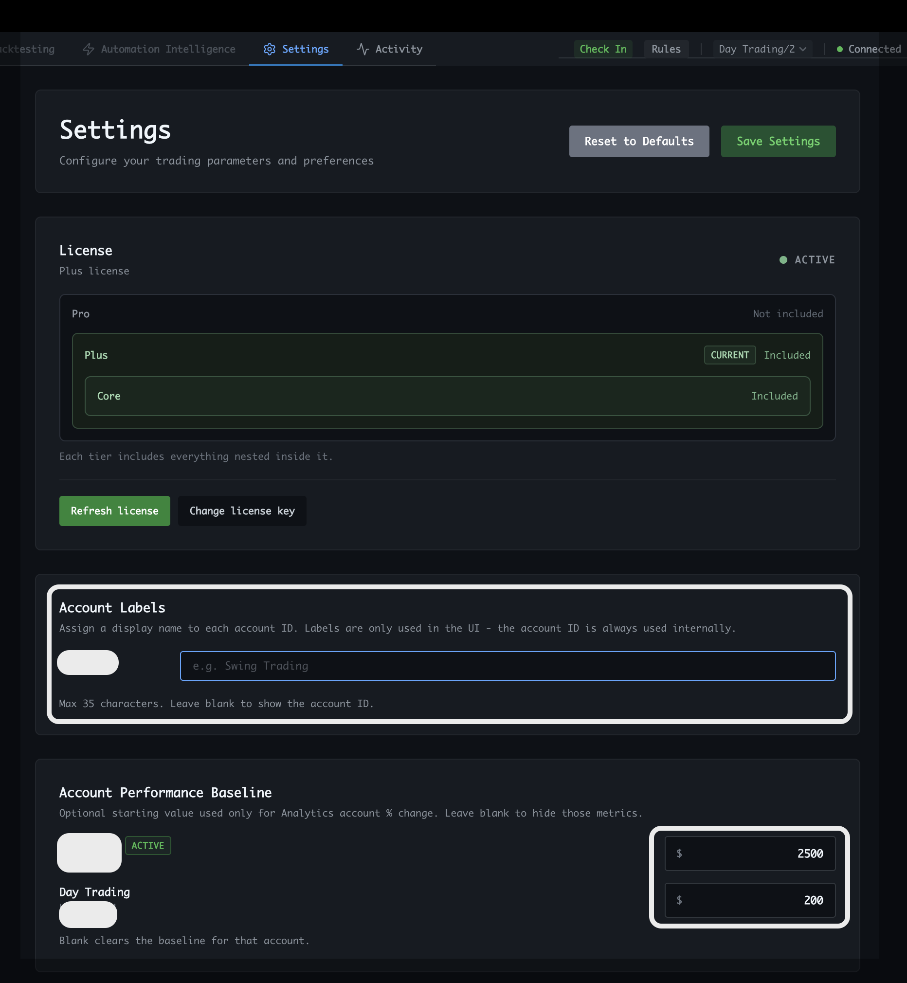 Spectral Account and License settings showing account labels and performance baseline fields