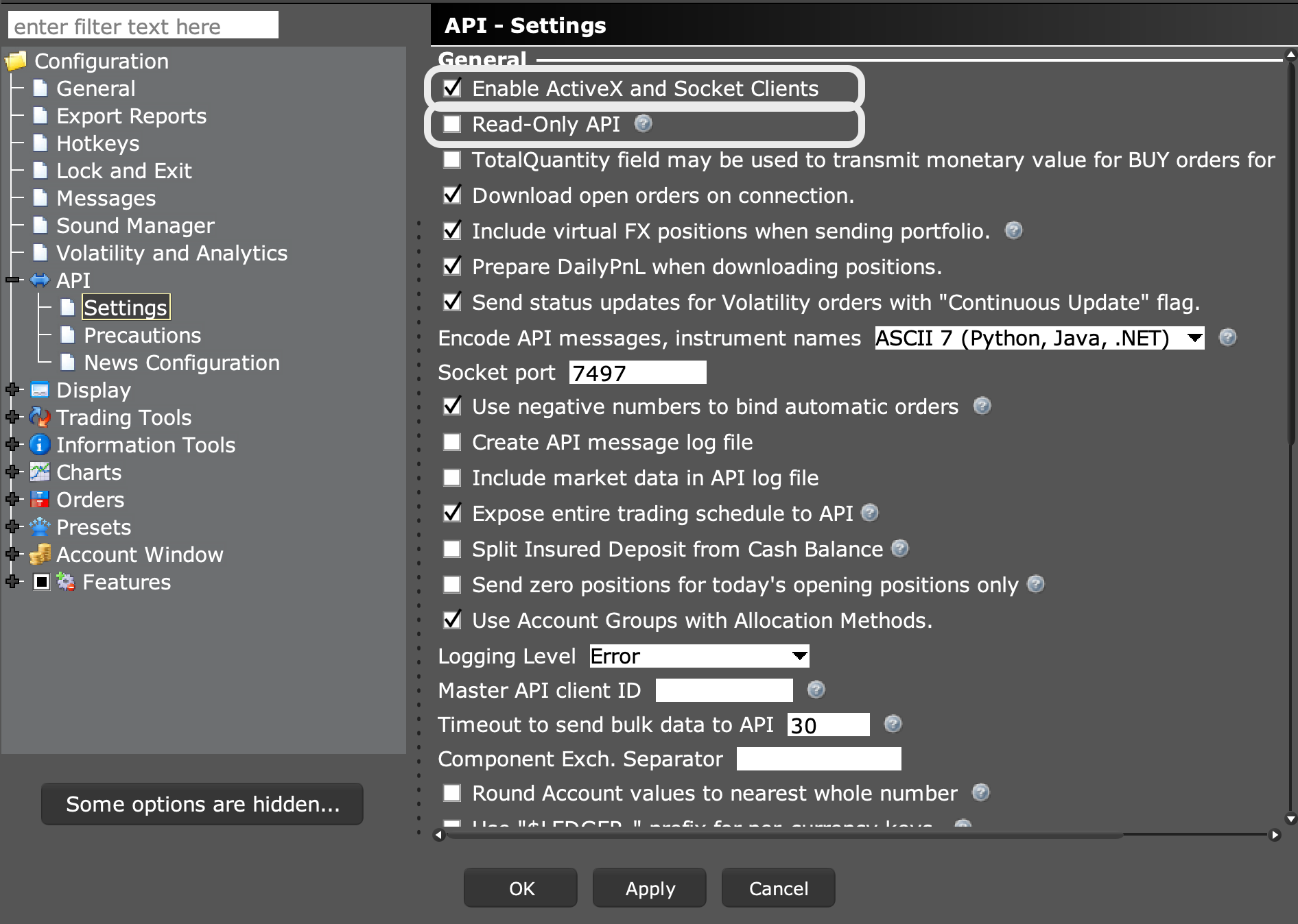 IBKR API Settings with Enable ActiveX and Socket Clients enabled