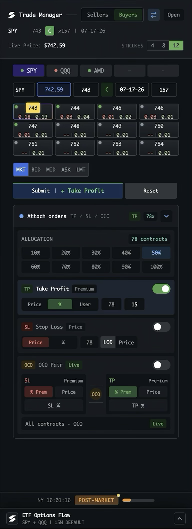 Trade Manager Buyers view in options mode showing contract selection, option chain premiums, order controls, and attached protection orders
