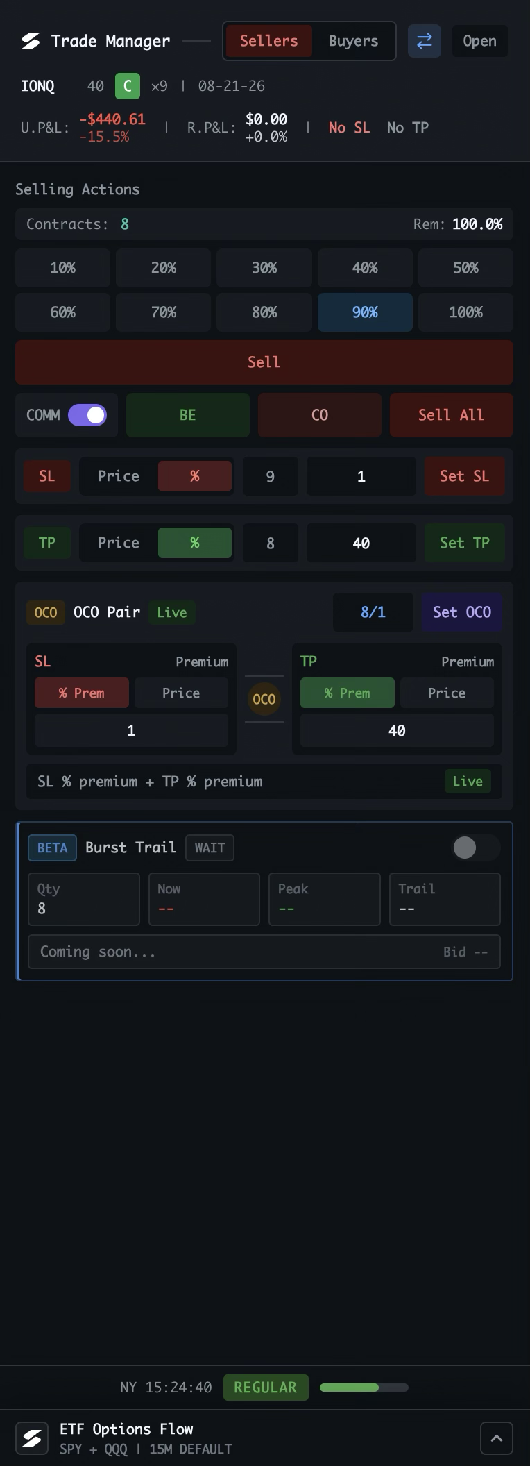 Trade Manager Sellers view in options mode showing contract position, premium-based exits, OCO controls, and Burst Trail beta panel